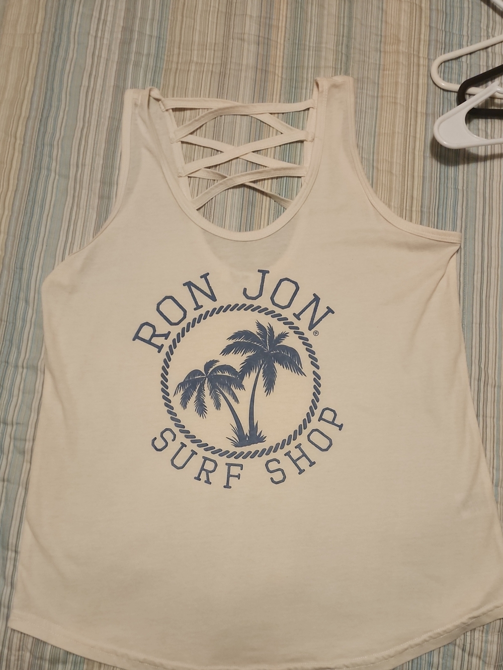 Ron Jon Cream Tank with Navy Palm Logo and Crisscross Back